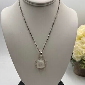 Sterling silver 925 Moonstone Square Bezel Scroll‎ Pendant Chain Necklace 16”